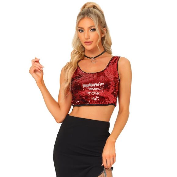 Metallic Sequin Crop Top Sparkle Glitter Sleeveless Party Club Tank Top Red - Picture 1 of 4